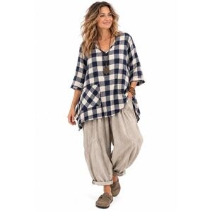 Vintage Mosaic Gingham Plaid Tunic Top XL Navy Gauzy Lagenlook Linen Boho